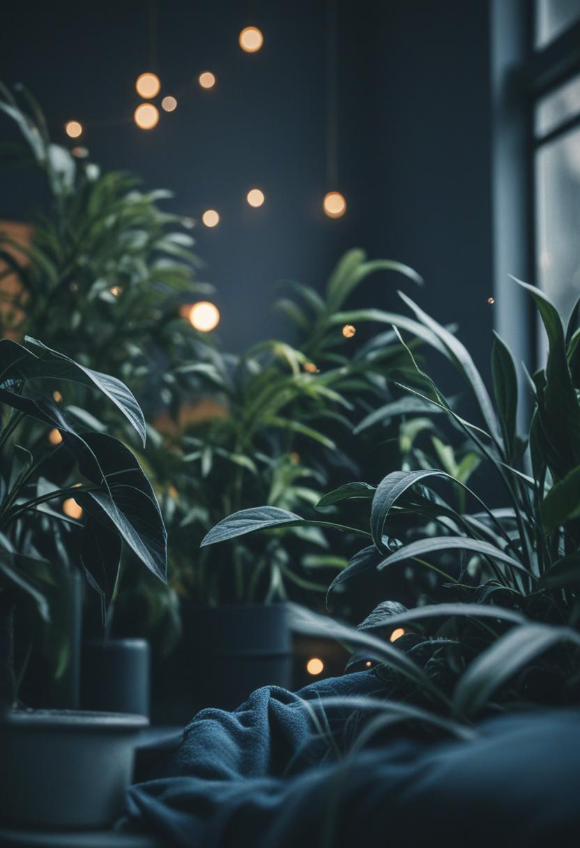 Dark blue plants in a moody, serene aesthetic.