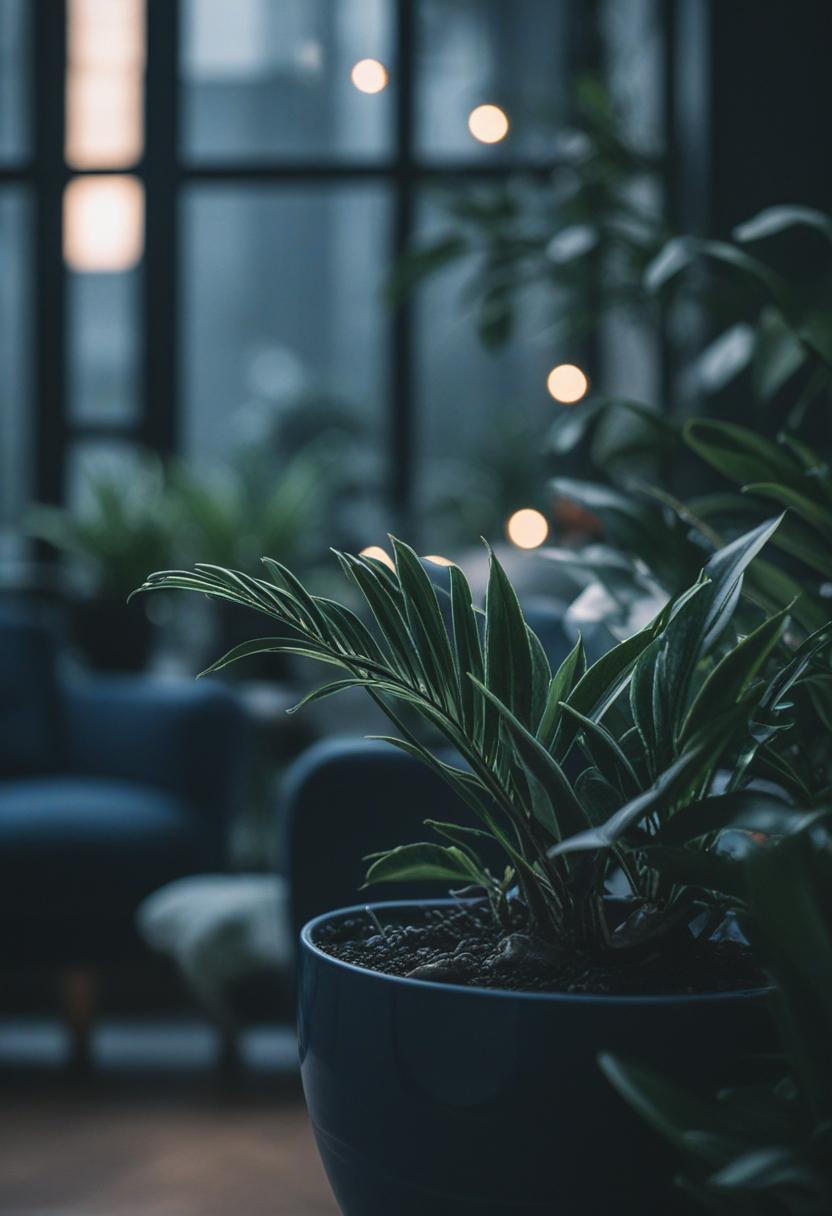 Dark blue plants in a serene, moody aesthetic.