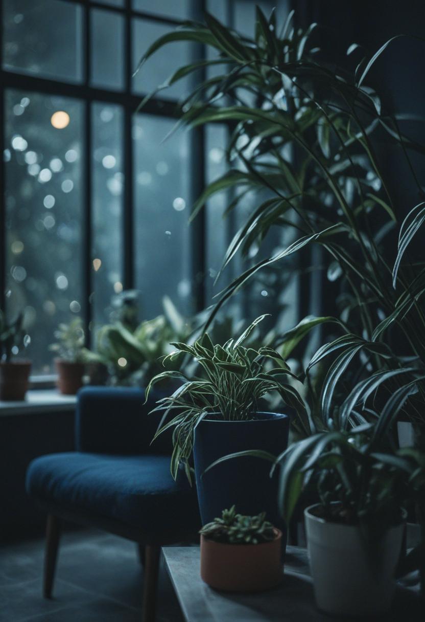 Dark blue plants in a moody, serene aesthetic.