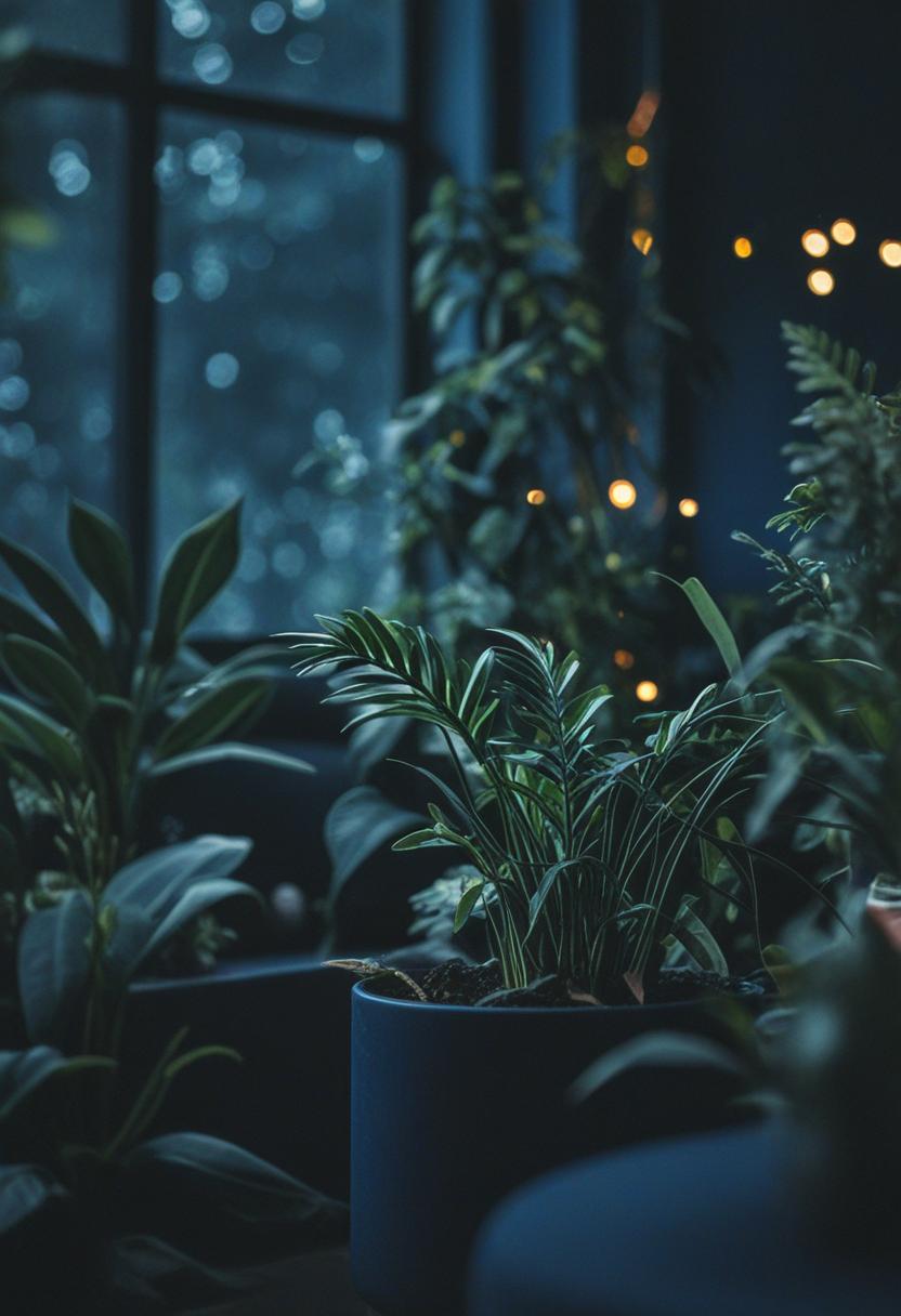 Dark blue plants in a moody, elegant aesthetic.