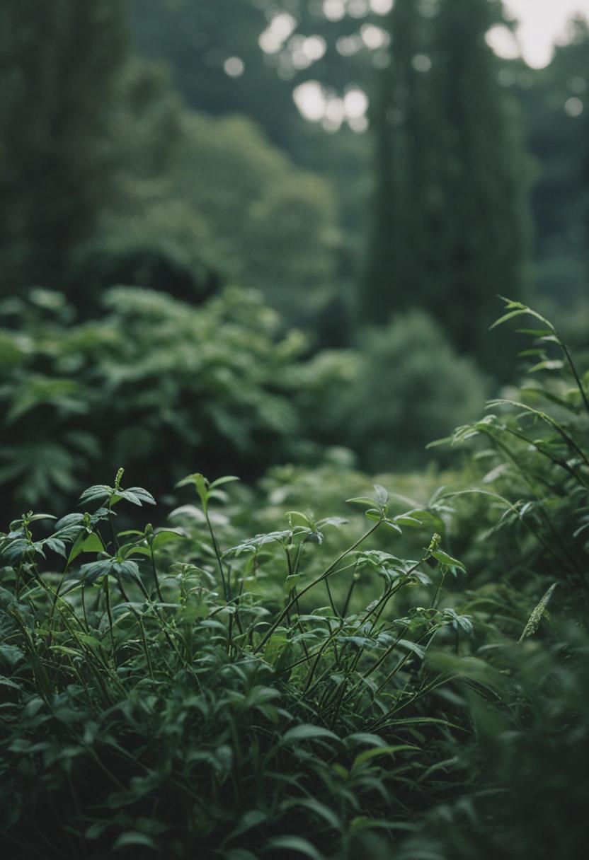 Dark green plants in a serene, nature-inspired setting.
