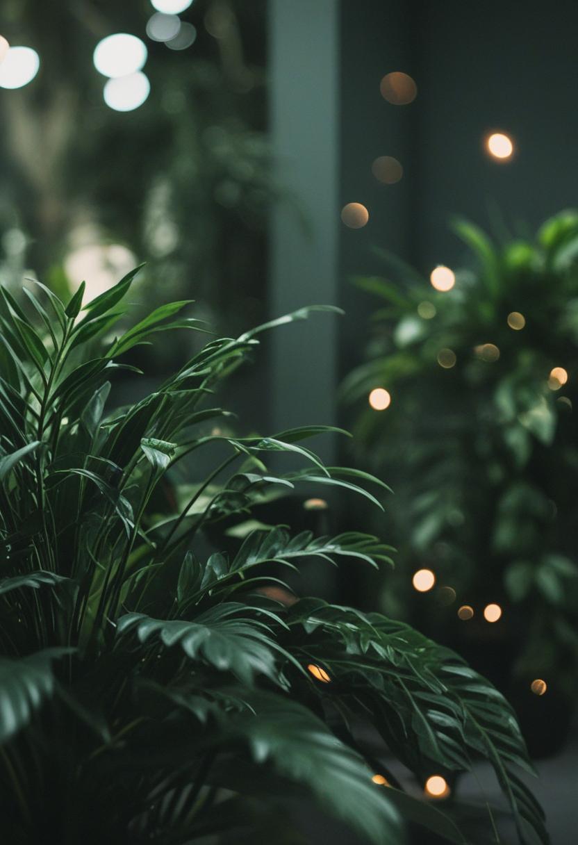 Dark green plants in a serene, nature-inspired setting.
