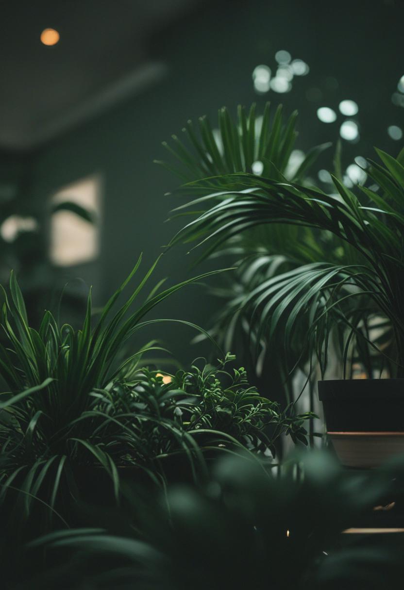 Dark green plants in a serene, nature-inspired setting.