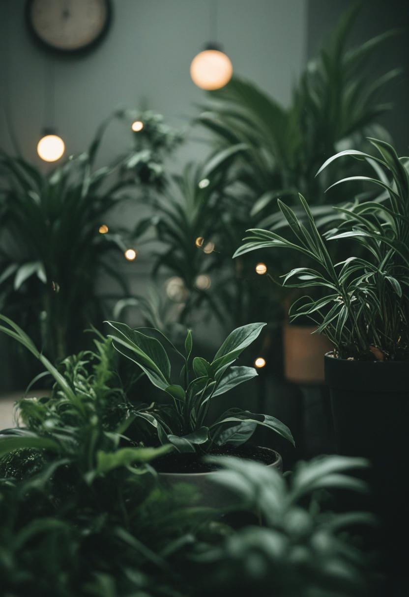 Dark green plants in a serene, nature-inspired setup.