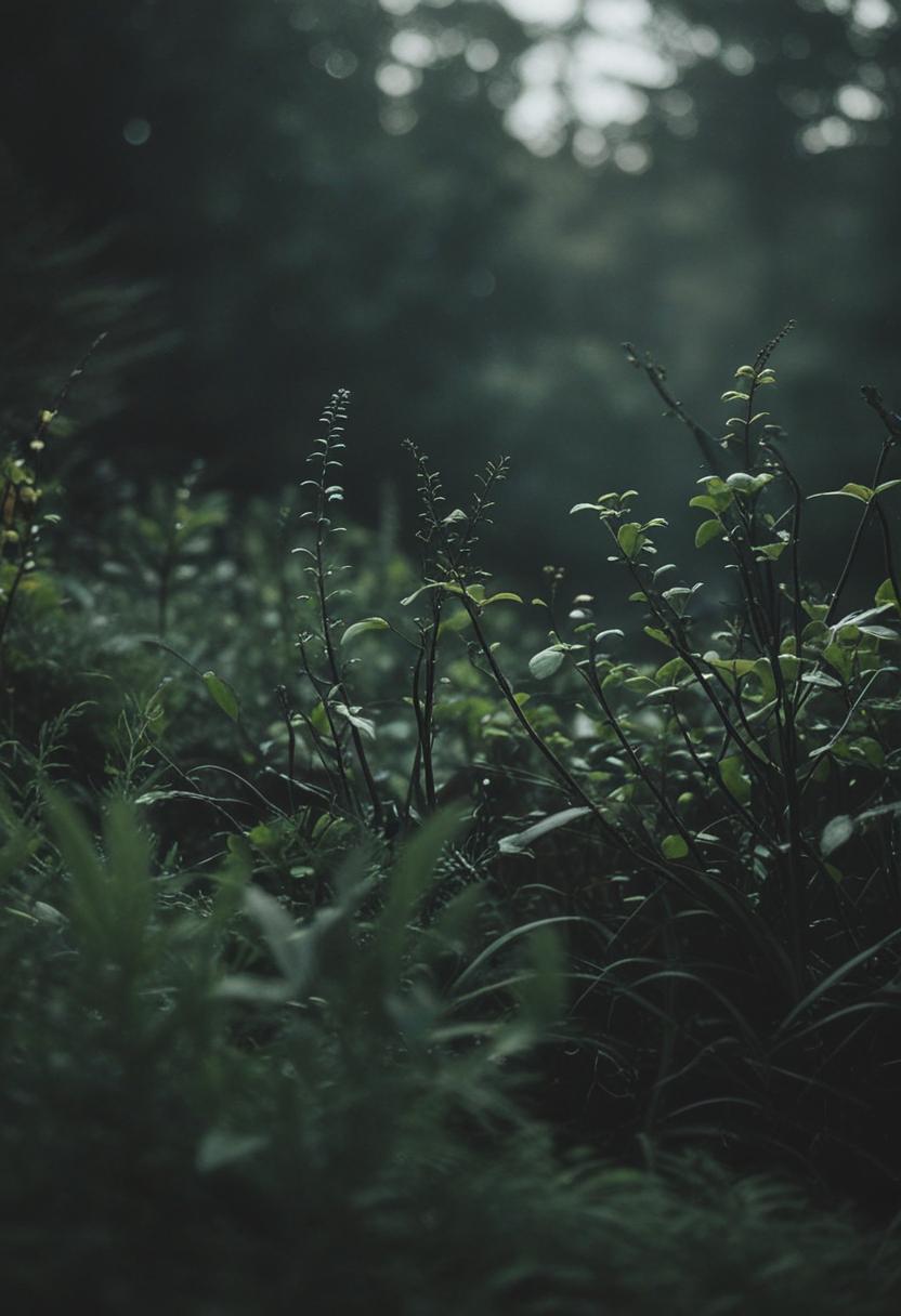 Dark foliage, mysterious plants in a shadowy natural setting.