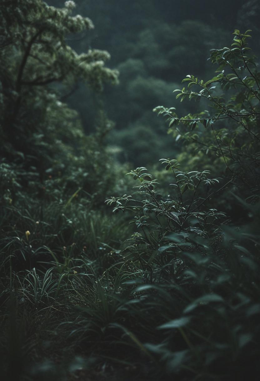 Dark, lush plants in a mysterious nature scene.