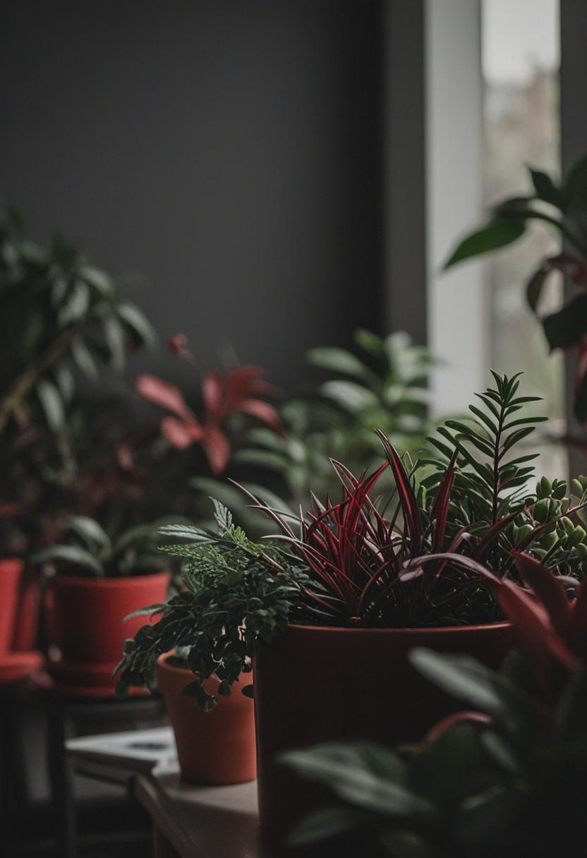 Dark red plants with a moody, aesthetic vibe.