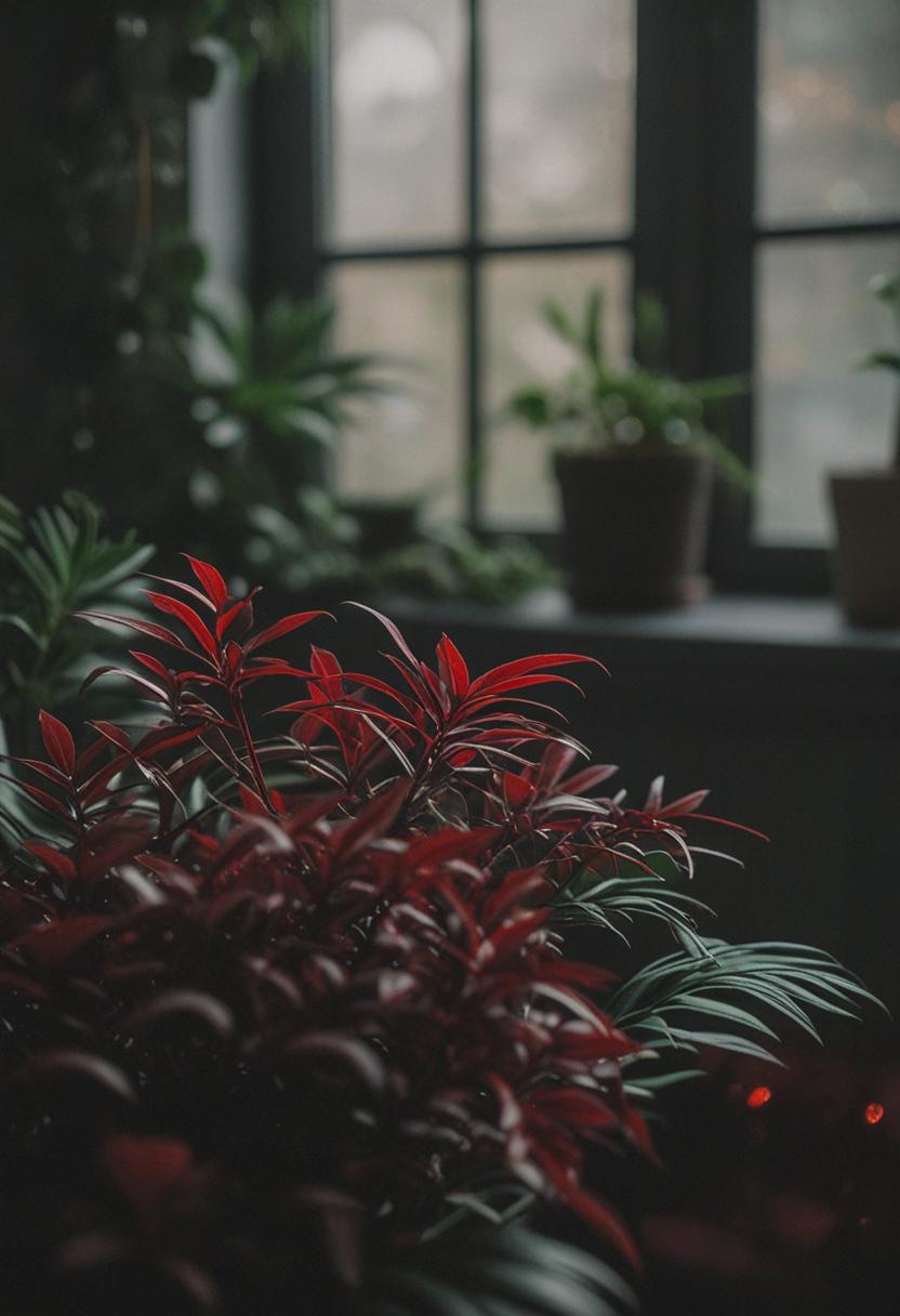 Dark red plants in a moody, stylish arrangement.