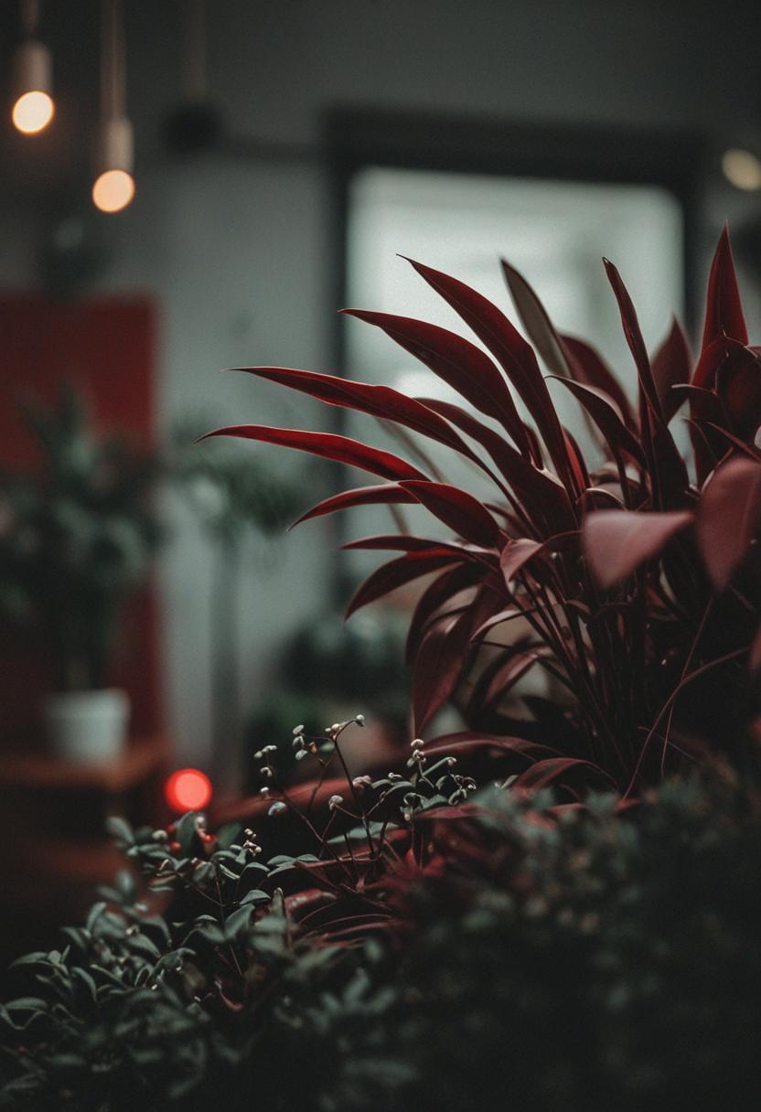 Dark red plants in a moody, aesthetic setting.