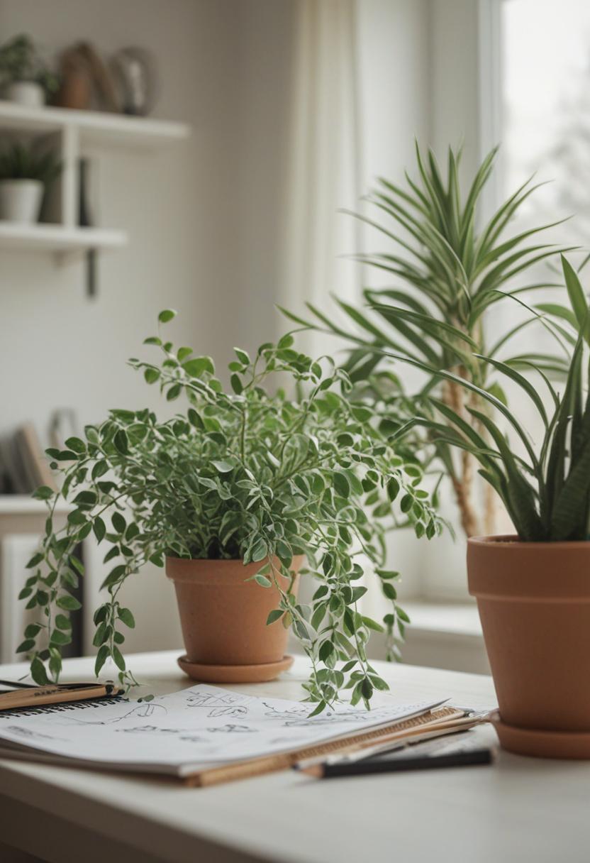 Stylized plant drawings in a soft, artistic aesthetic.