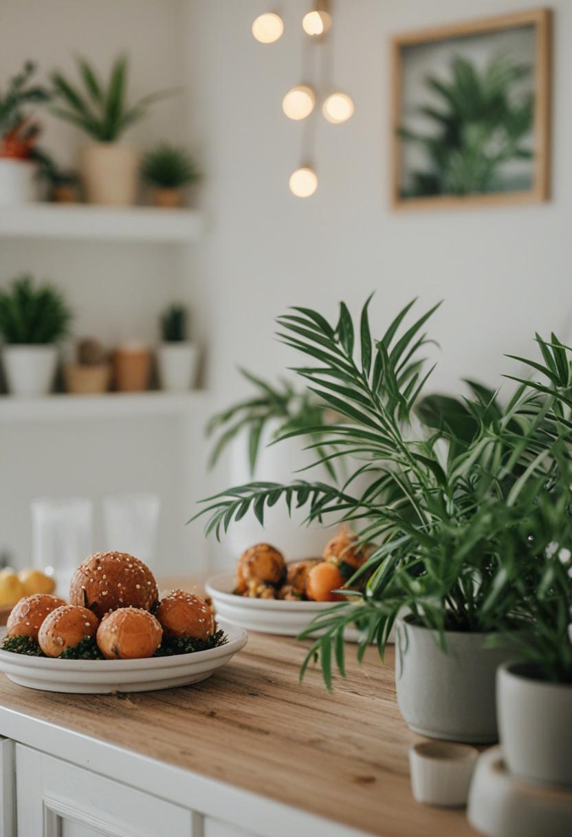 Vibrant plants enhance food-themed decor.