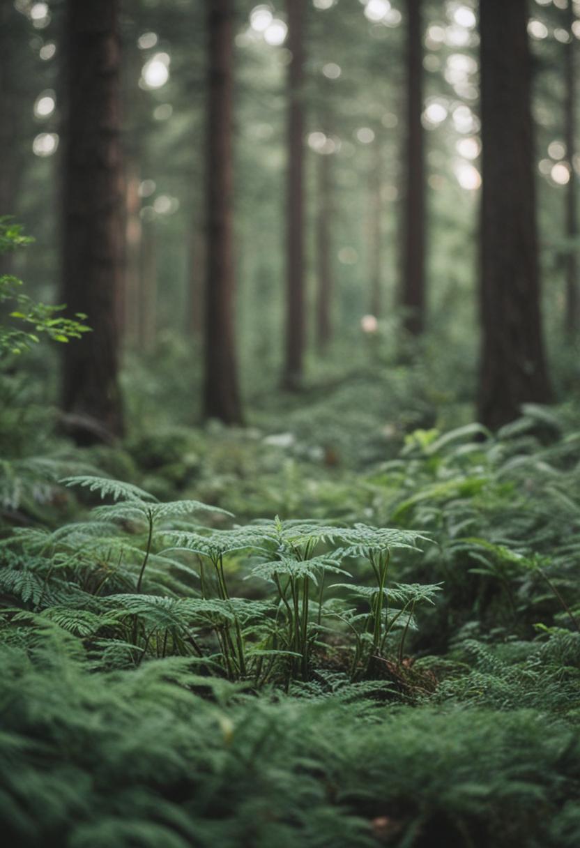 Whimsical forest plants in a serene, natural setting.