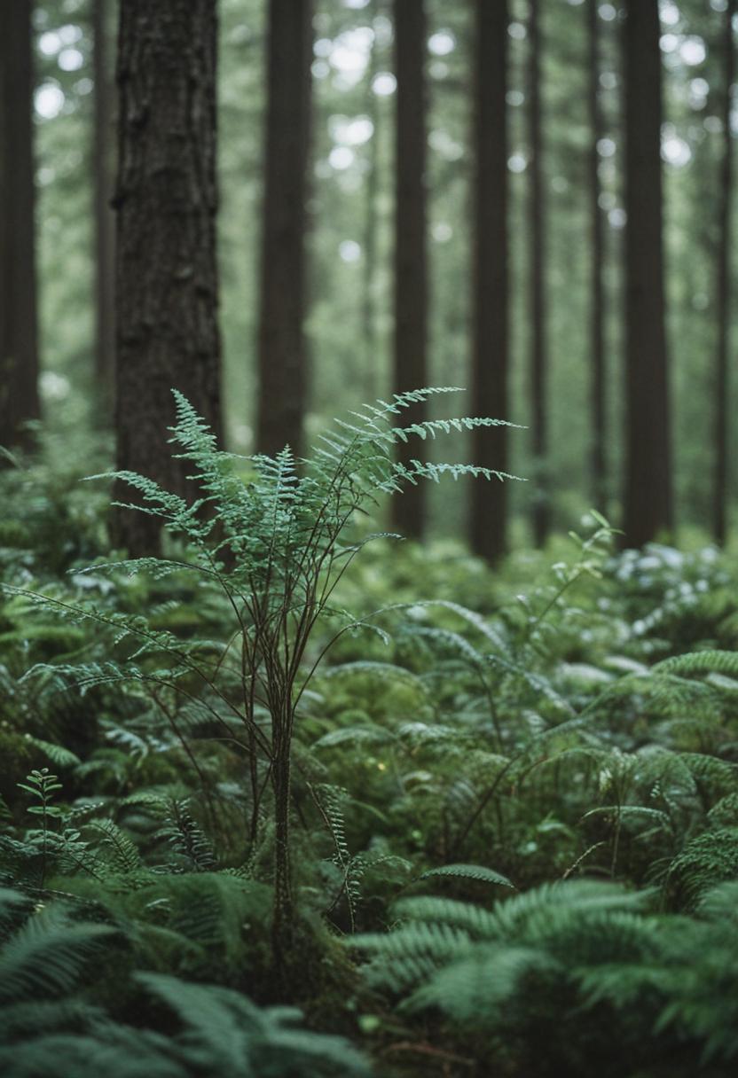Whimsical forest plants in a serene, nature-inspired setting.