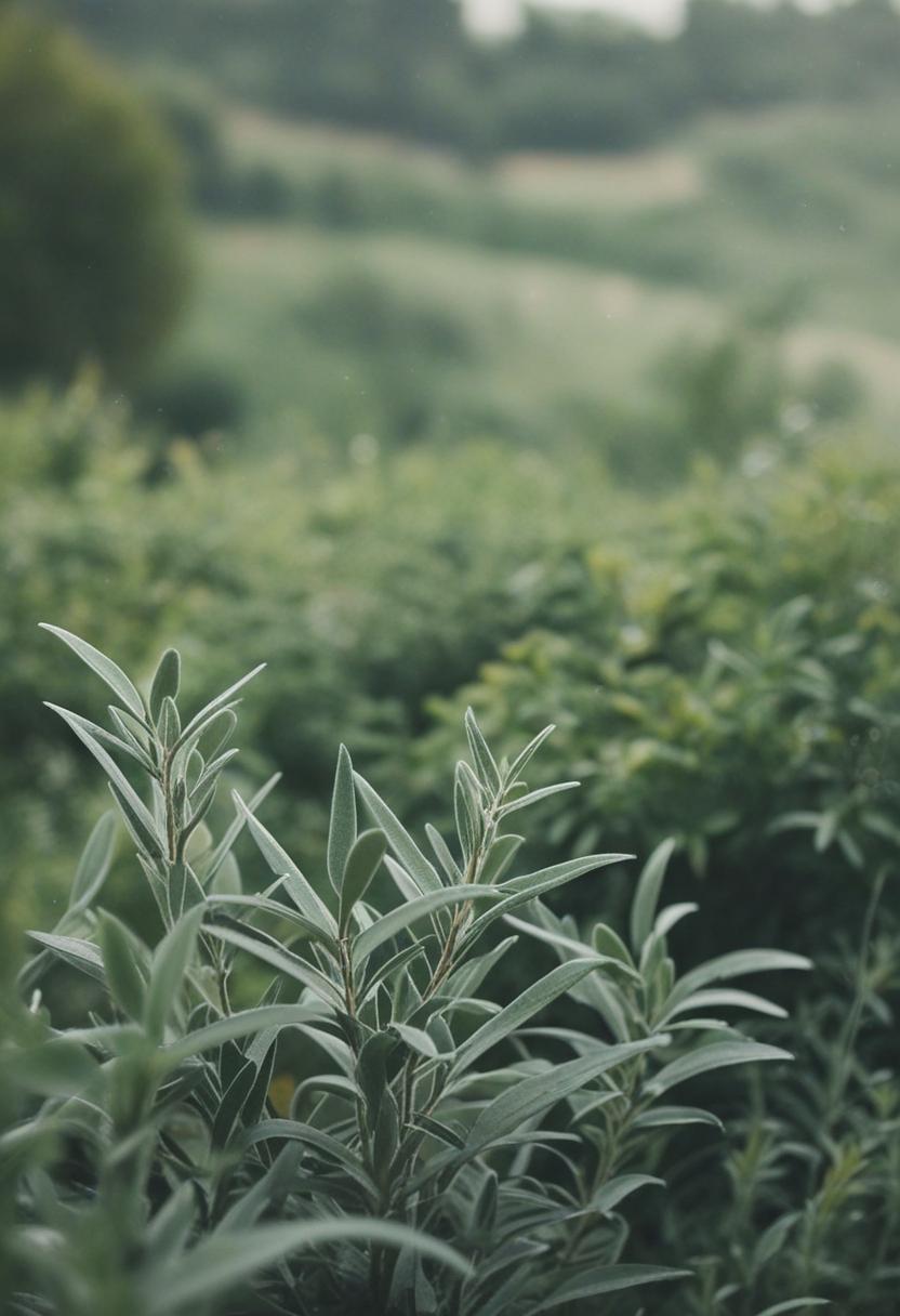 Sage green plants in a serene, minimalist setting.