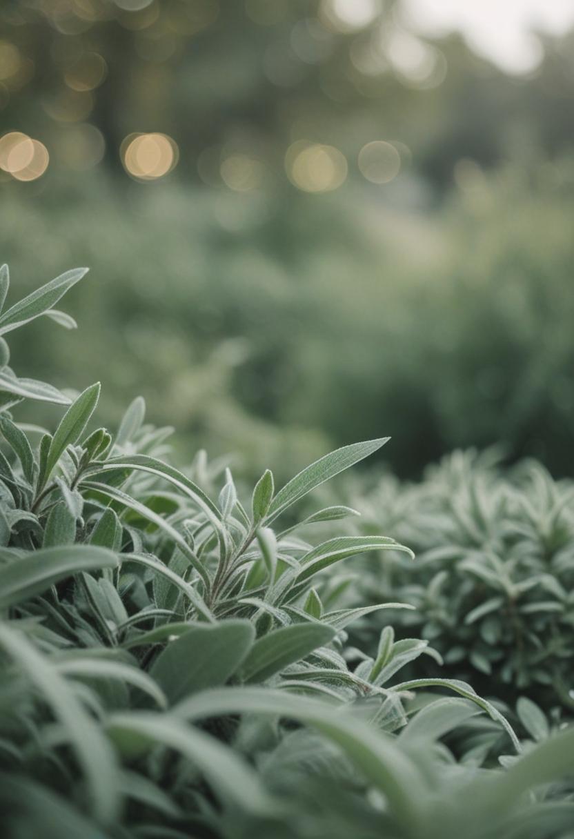 Sage green plants in a serene, minimalist setting.