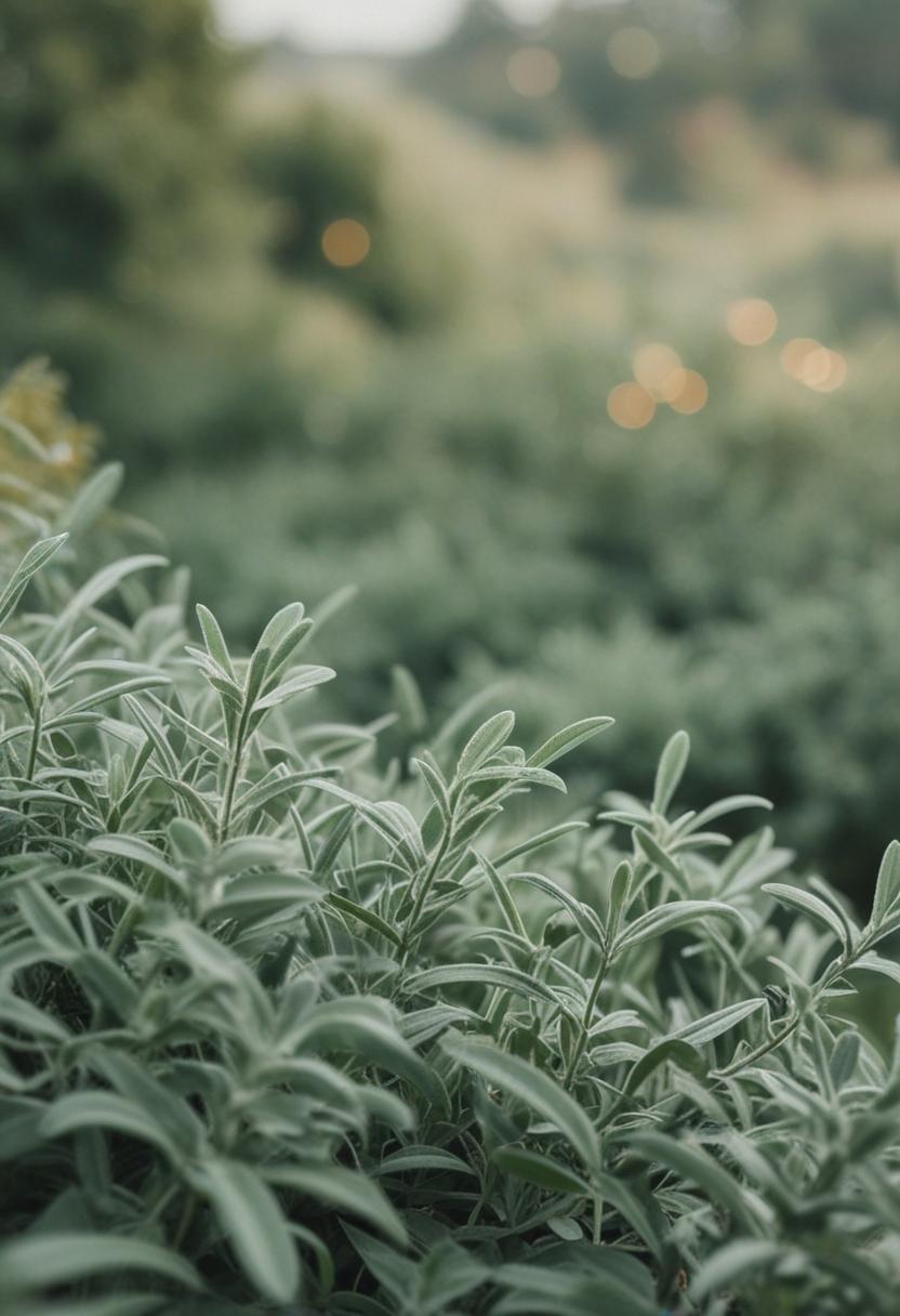 Sage green plants in a calm, minimalist setting.