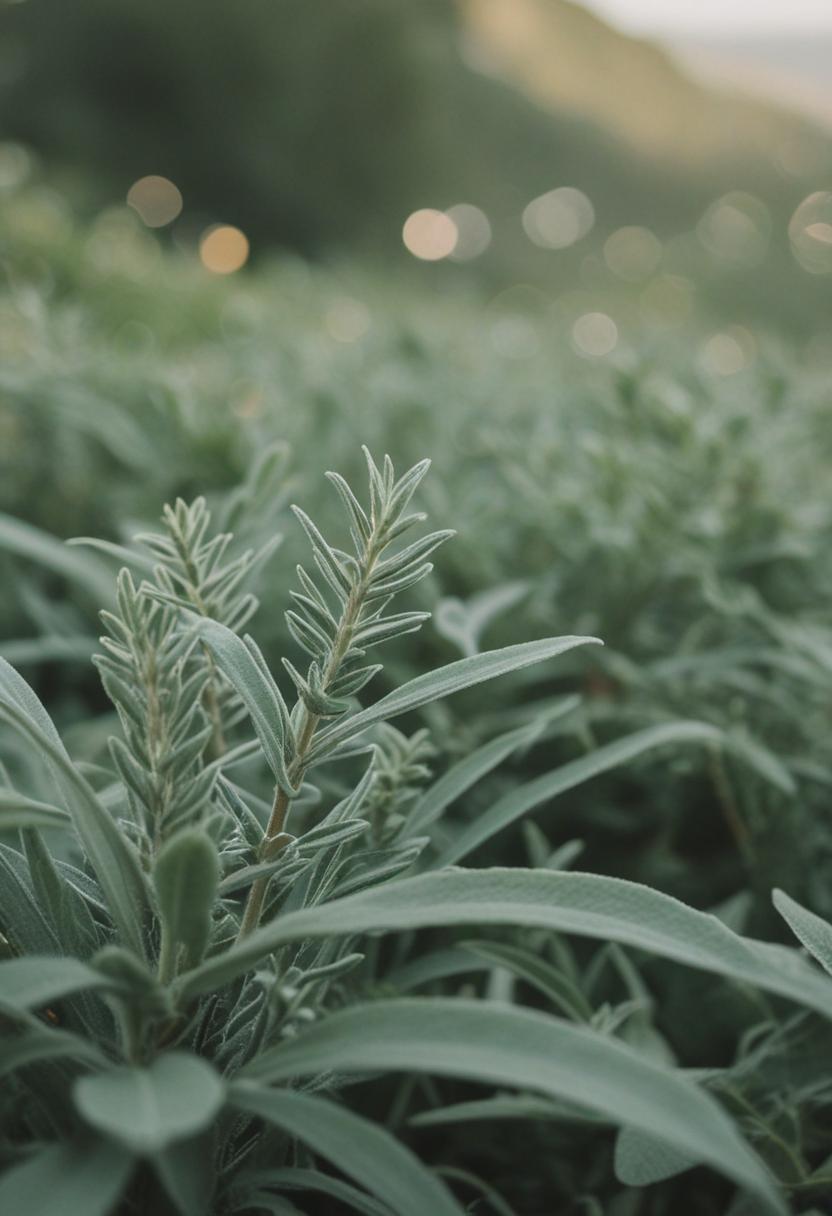 Sage green plants in a serene, minimalist setting.