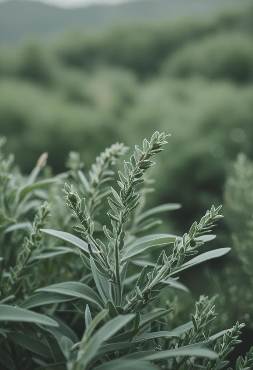 Sage green plants in a calm, nature-inspired setting.