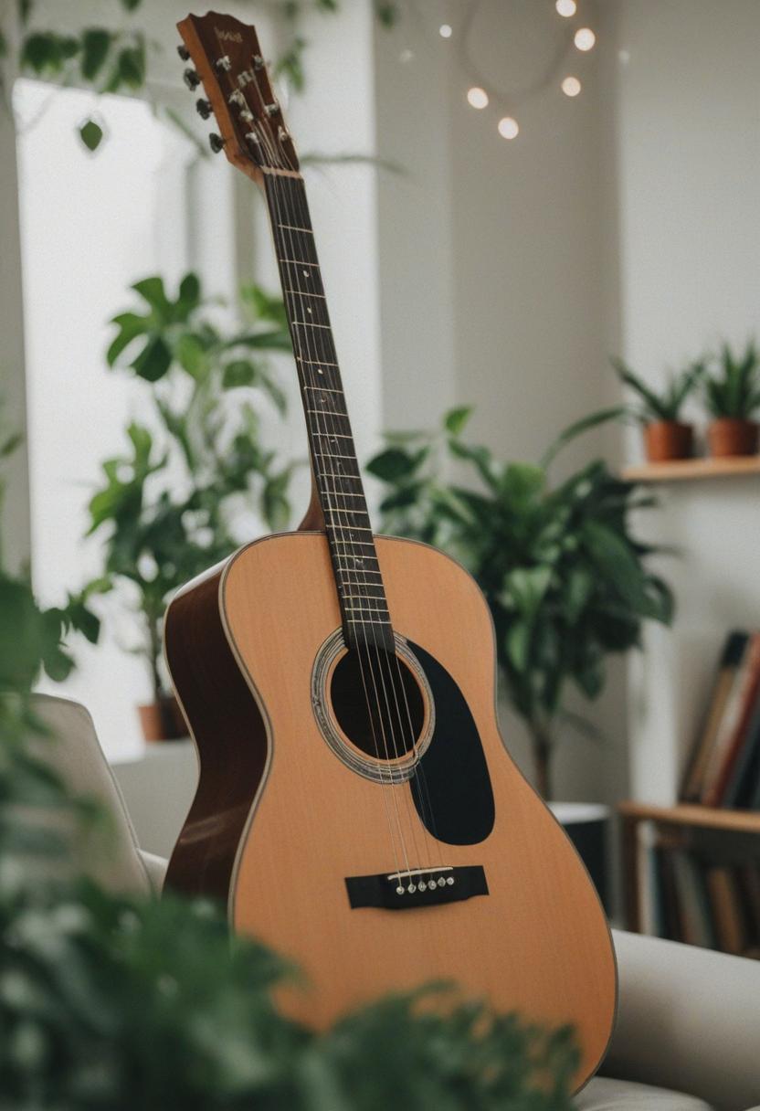 Green plants with a guitar and music notes in a stylish, artistic setup.