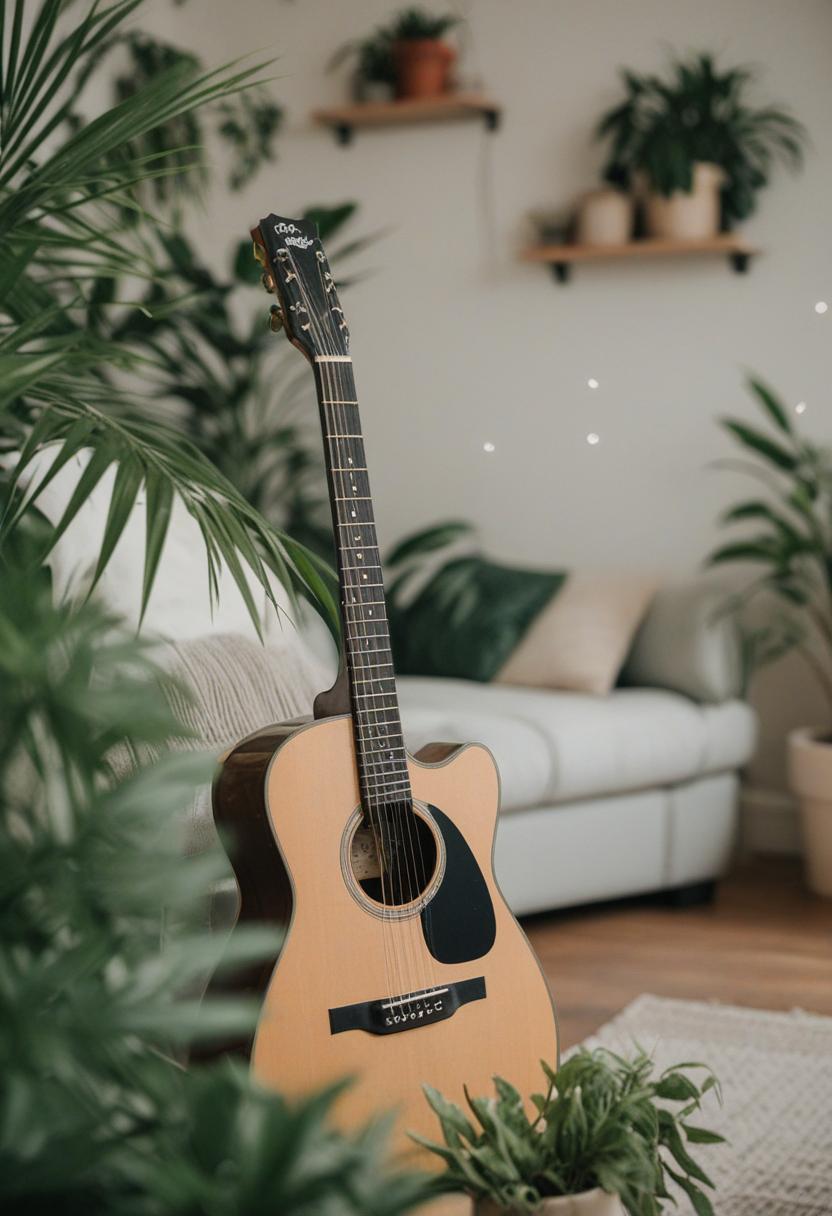Guitar-themed plants in a vintage studio setup.
