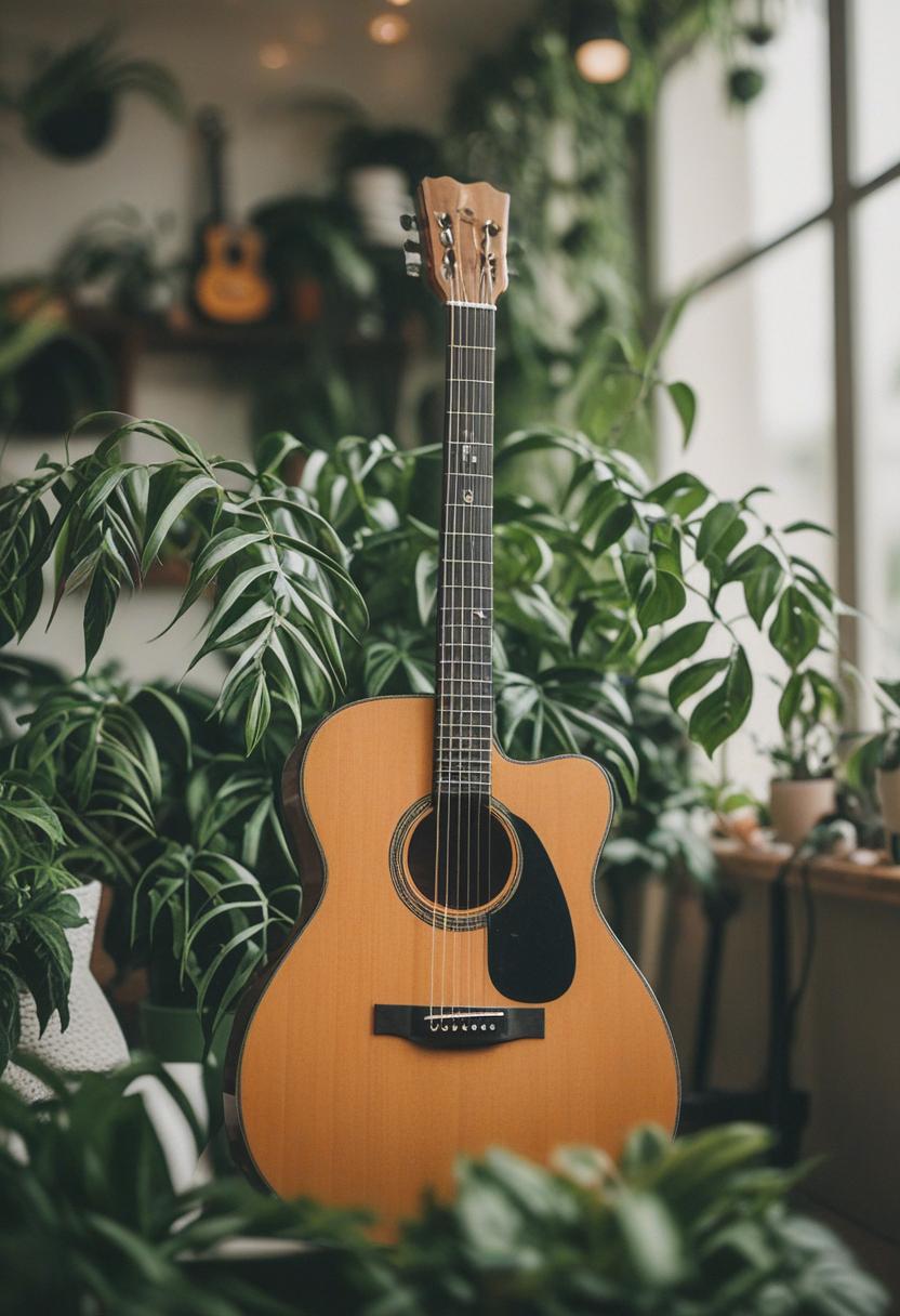 Guitar-themed plant with vintage aesthetic.