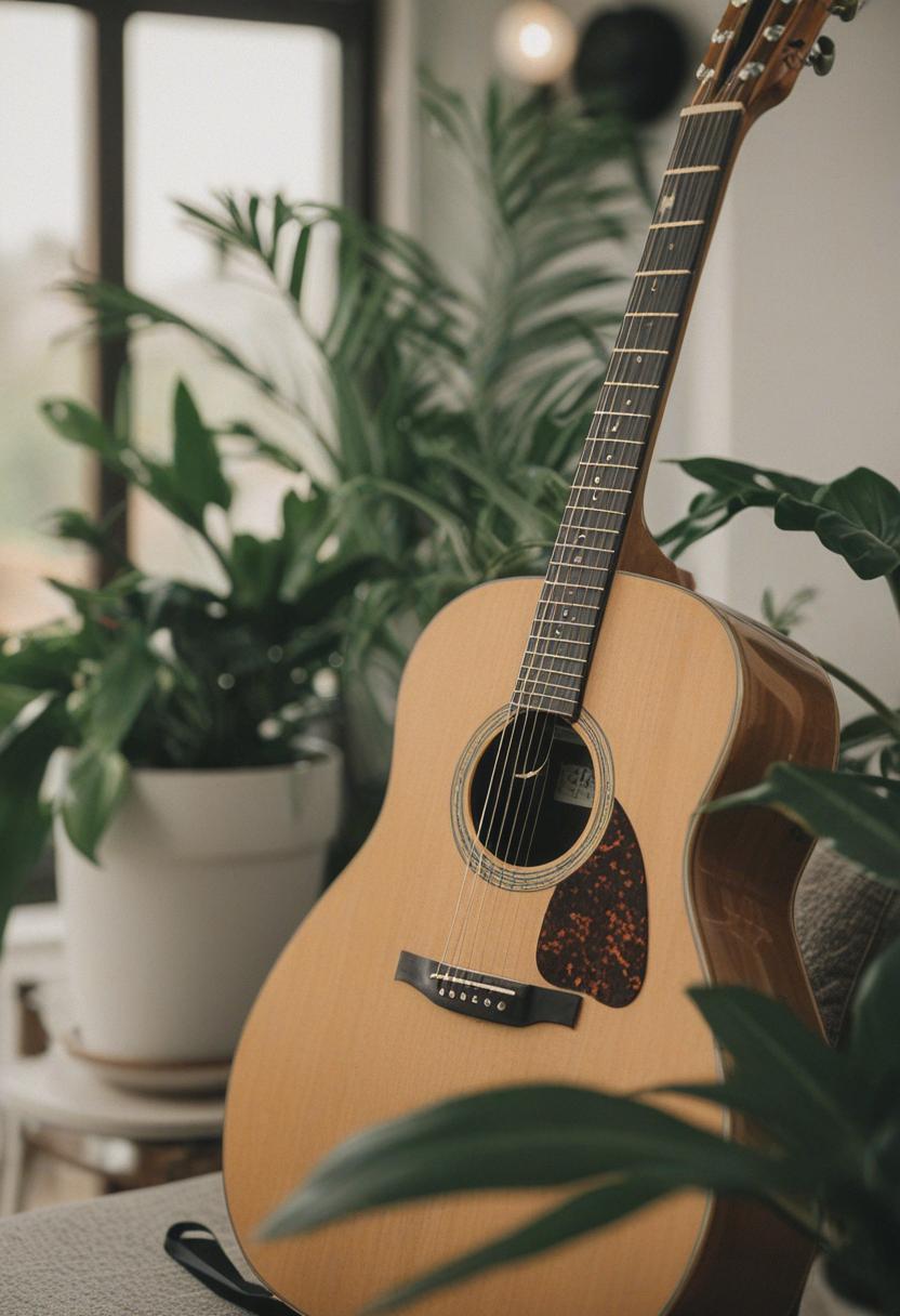 Guitar-themed plants in a cozy, musical aesthetic.
