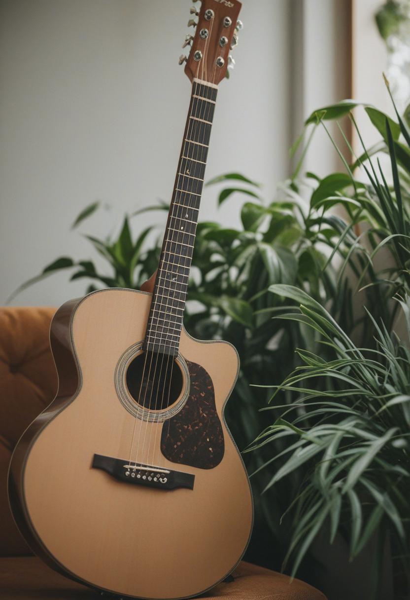Guitar strings intertwined with greenery.