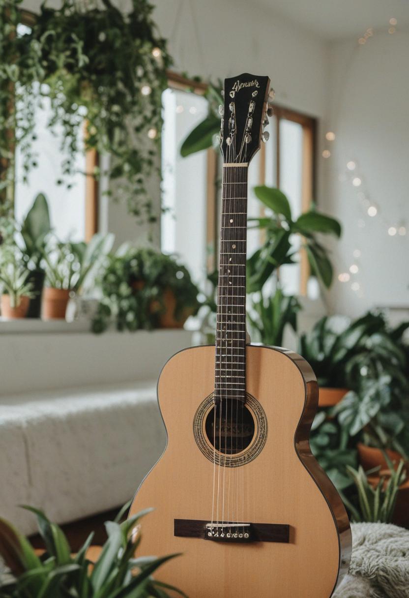 Guitar-themed plants in a cozy, artistic setup.