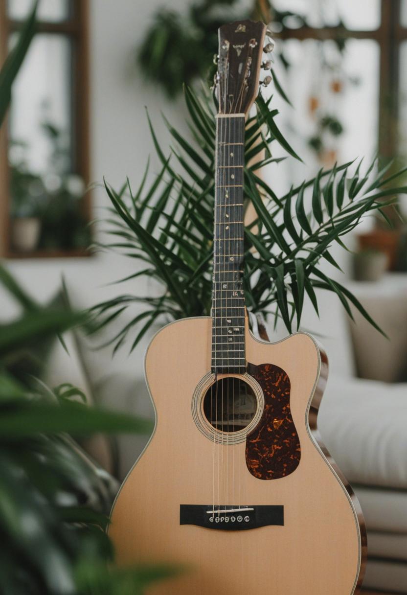 Guitar strings wind around lush green plants.