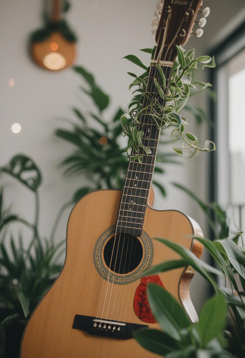 Green tones and guitar aesthetic with plants.