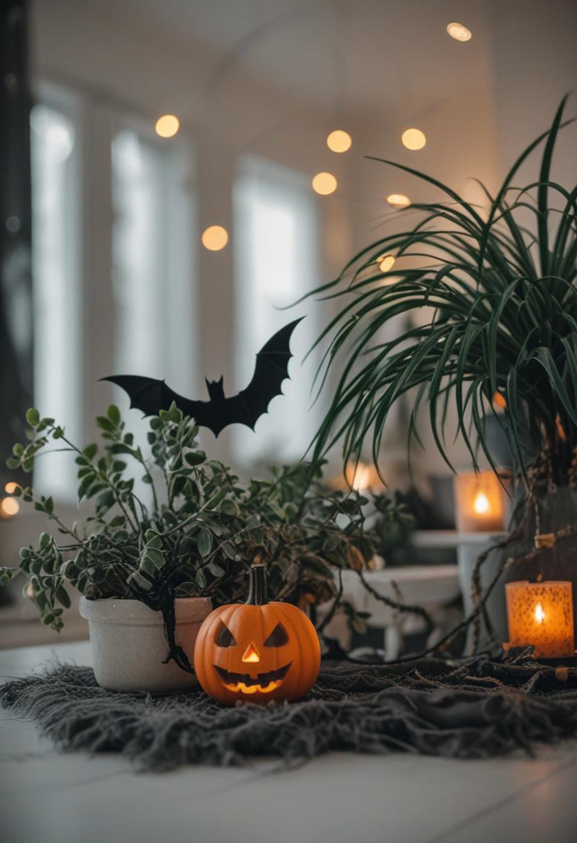Spooky plants and ornaments for Halloween decor.