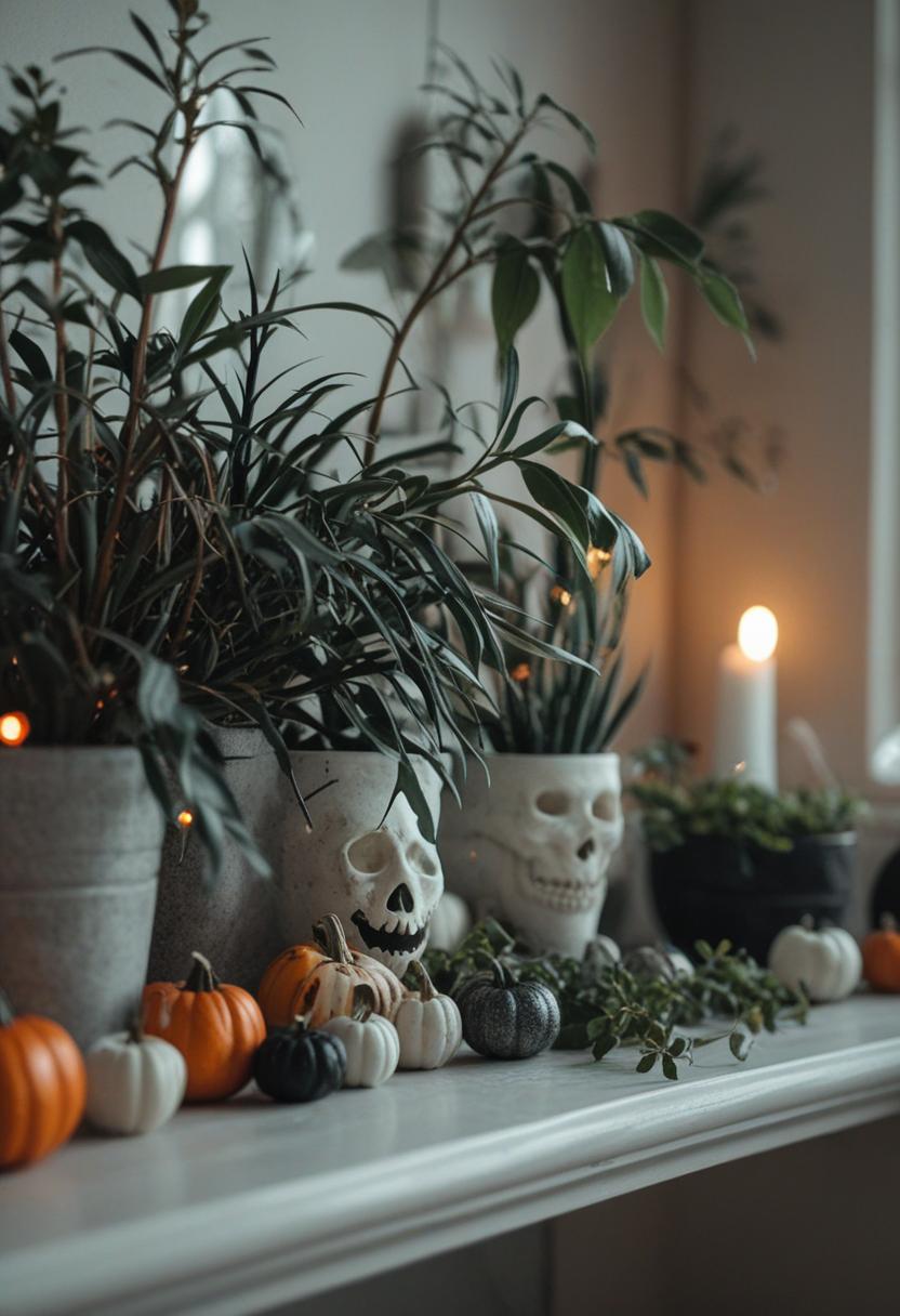 Halloween plants with spooky ornaments.