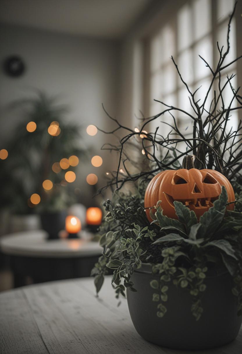 Spooky plants and ornaments for Halloween decor.