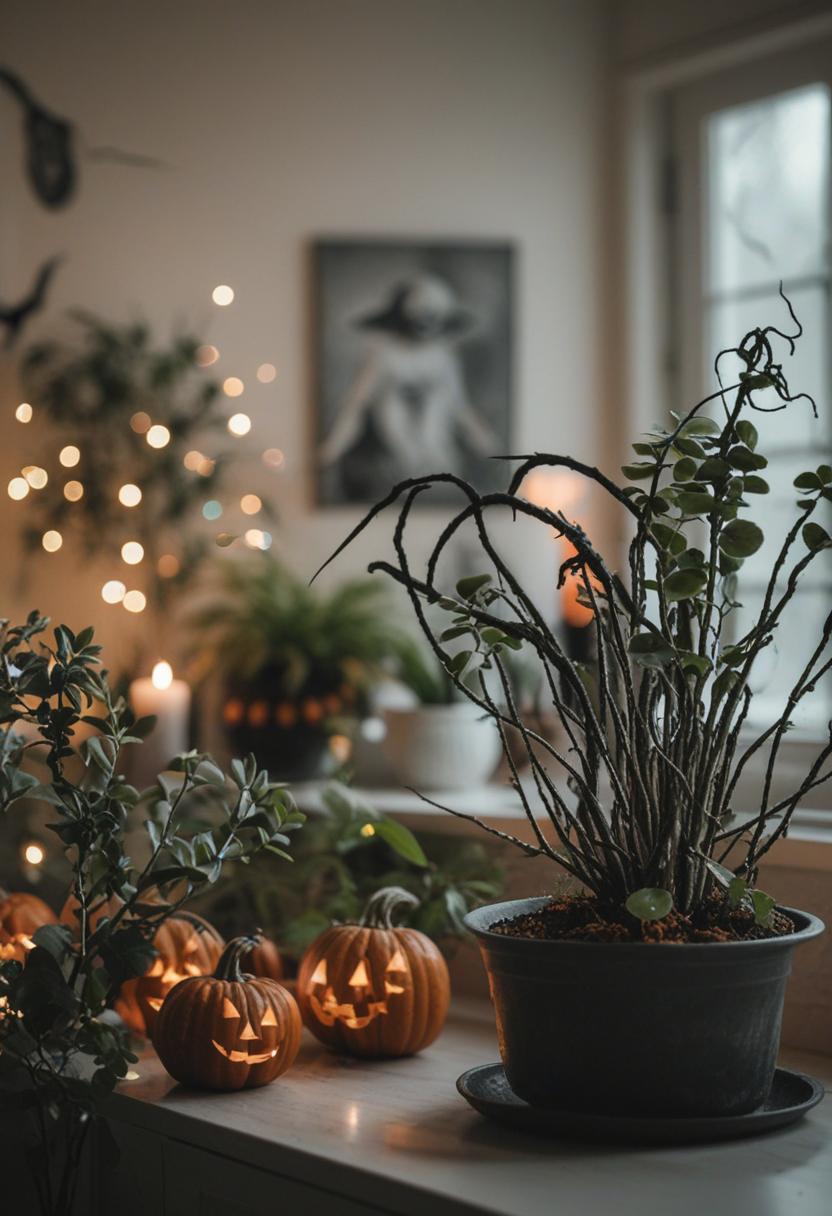 Creepy Halloween plants and ornaments decor.