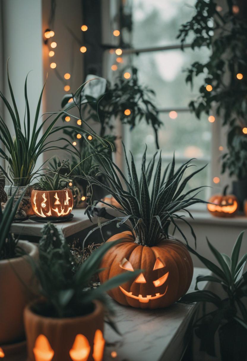 Creepy Halloween plants and ornaments decor.