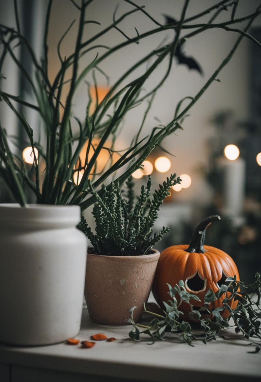 Eerie plants with ghostly Halloween ornaments.