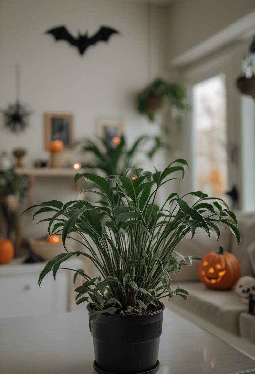 Spooky plants and ornaments for Halloween decor.