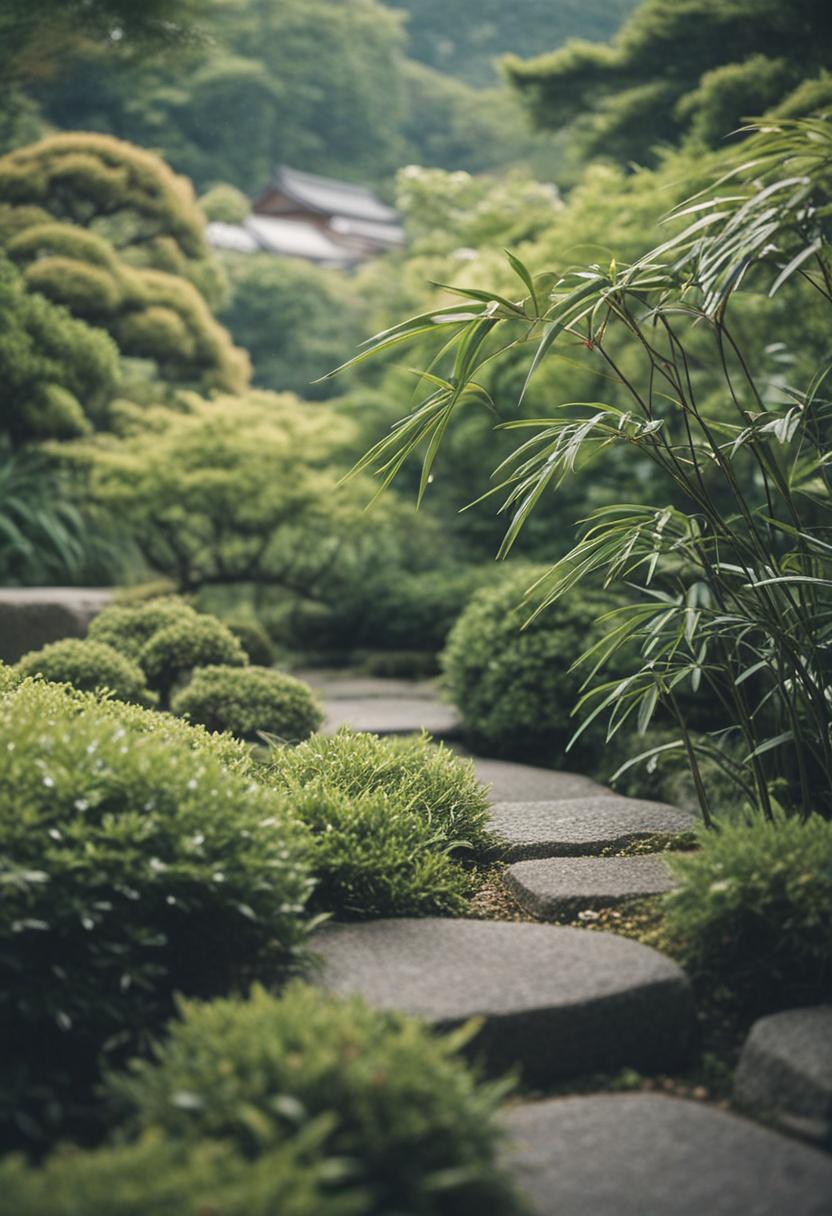 Japanese garden plants in serene, minimalist style.