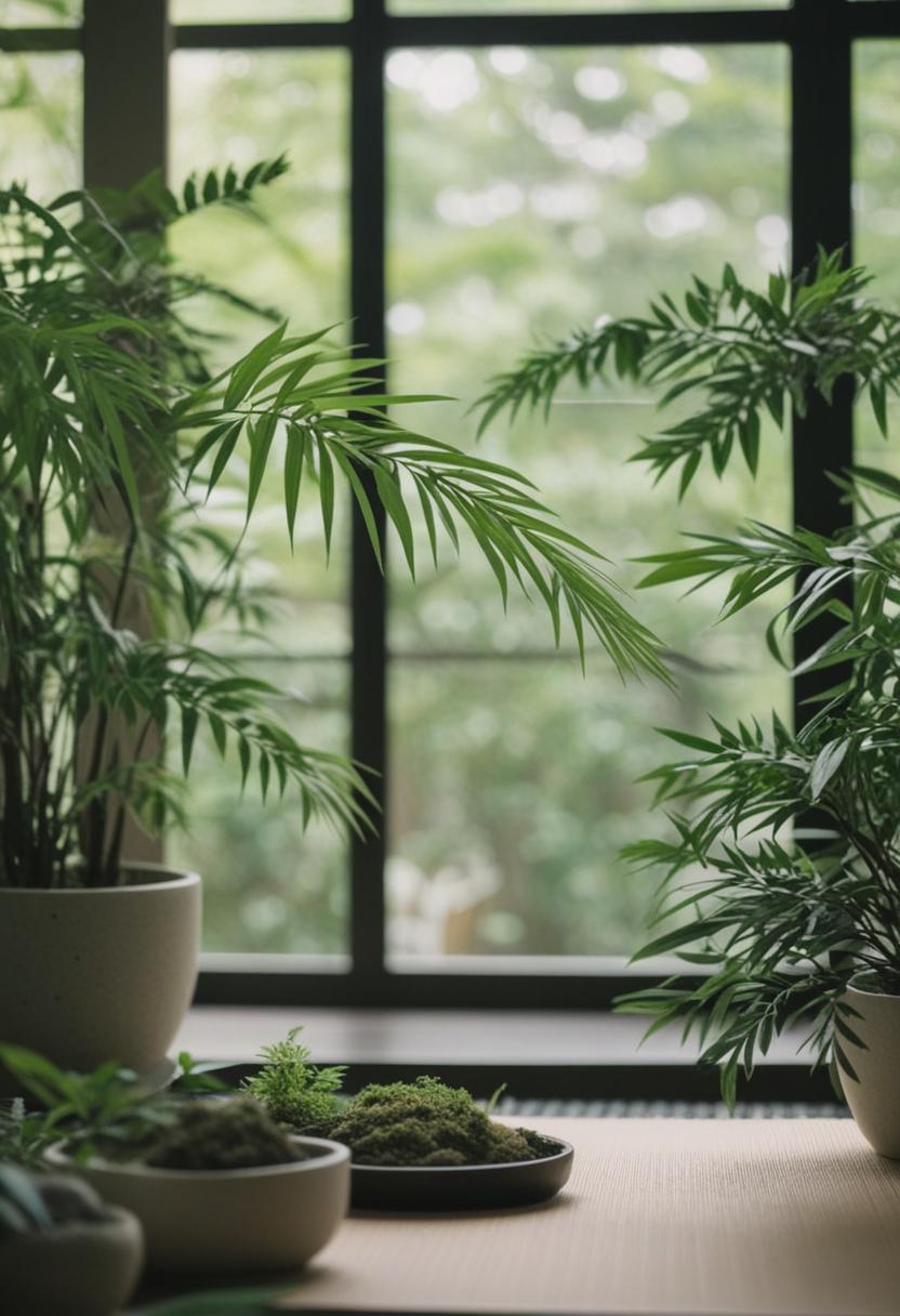 Elegant Japanese plant arrangement in natural tones.