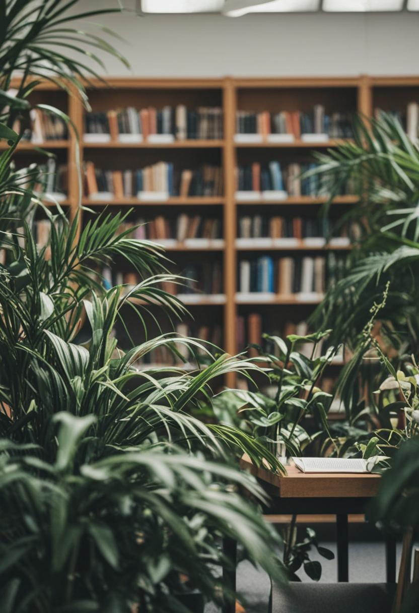 Green books and plants in a cozy library setting.