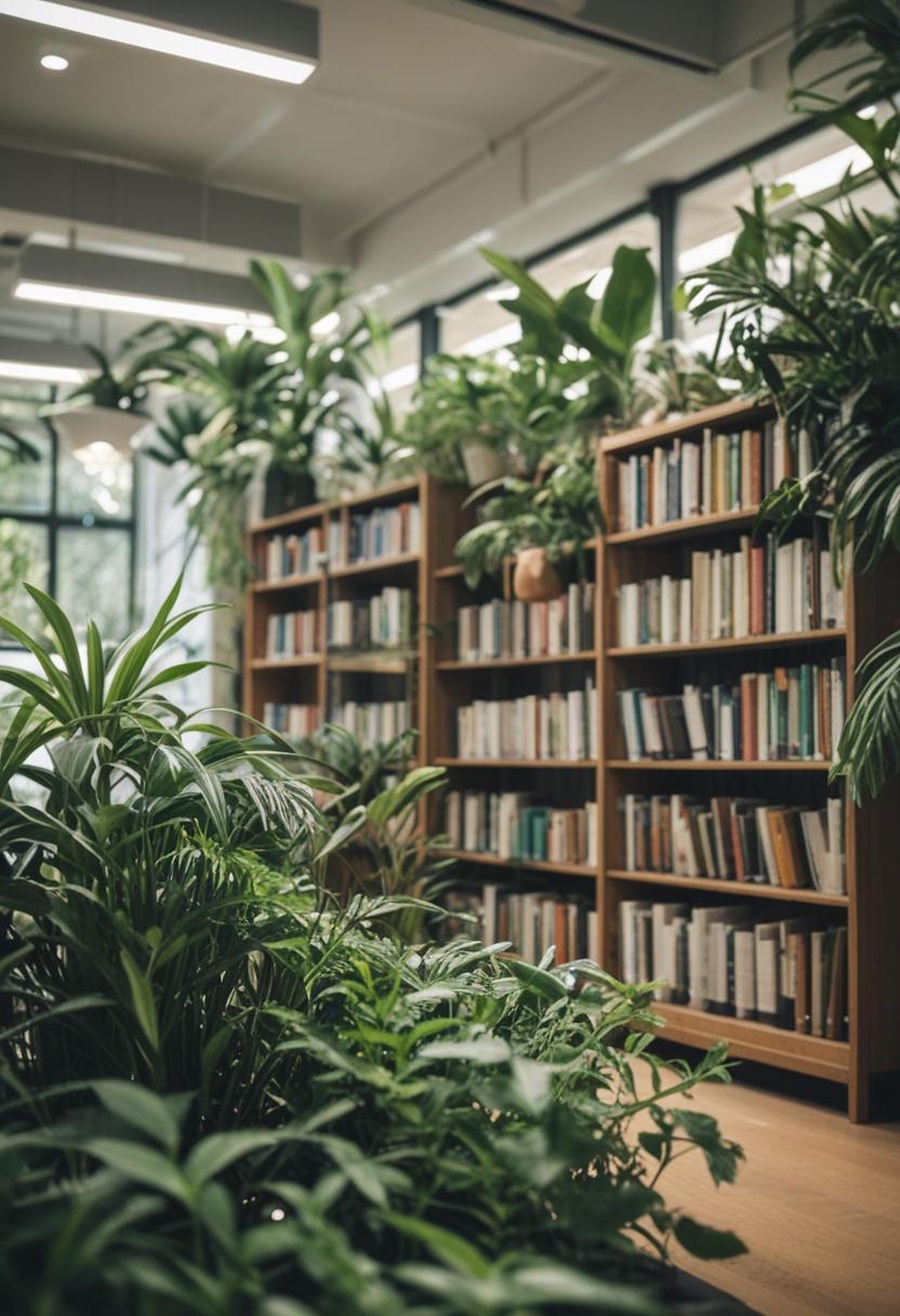Cozy reading nook with lush plants and library vibes.