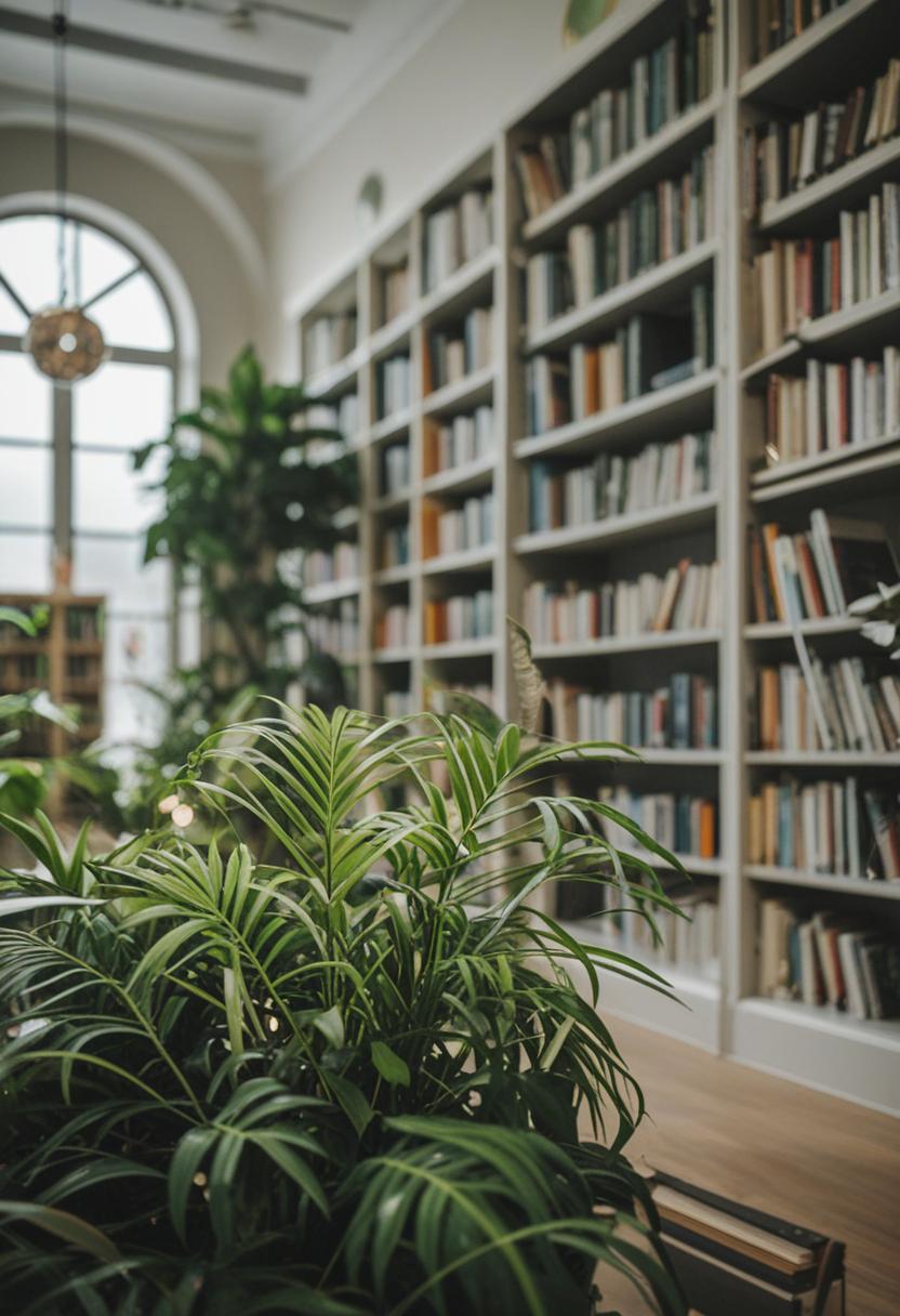 Cozy library with plants, books, and greenery.