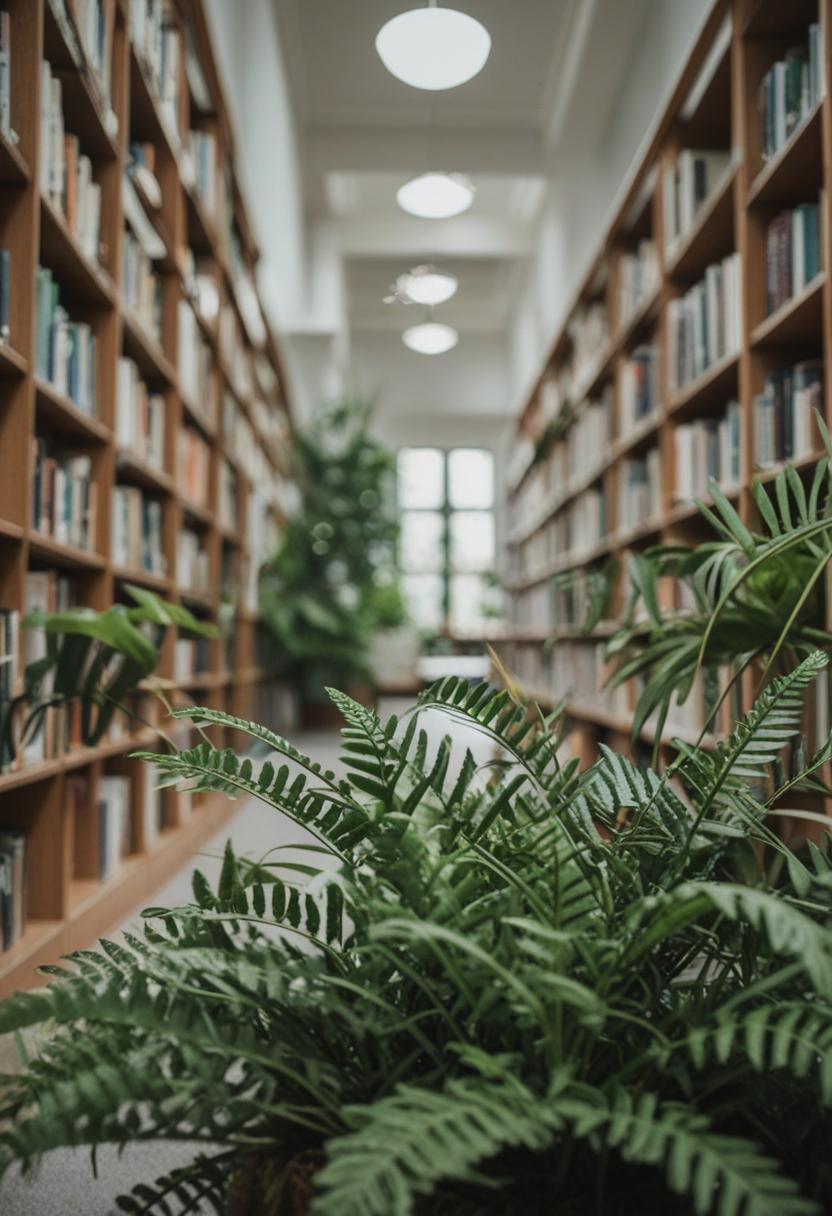 Green plants and books in a cozy library setting.