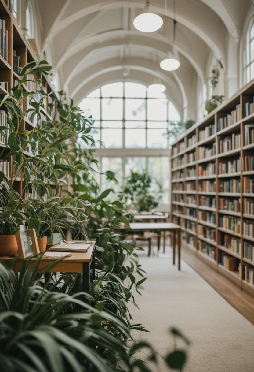 Cozy library with plants, books, and greenery.