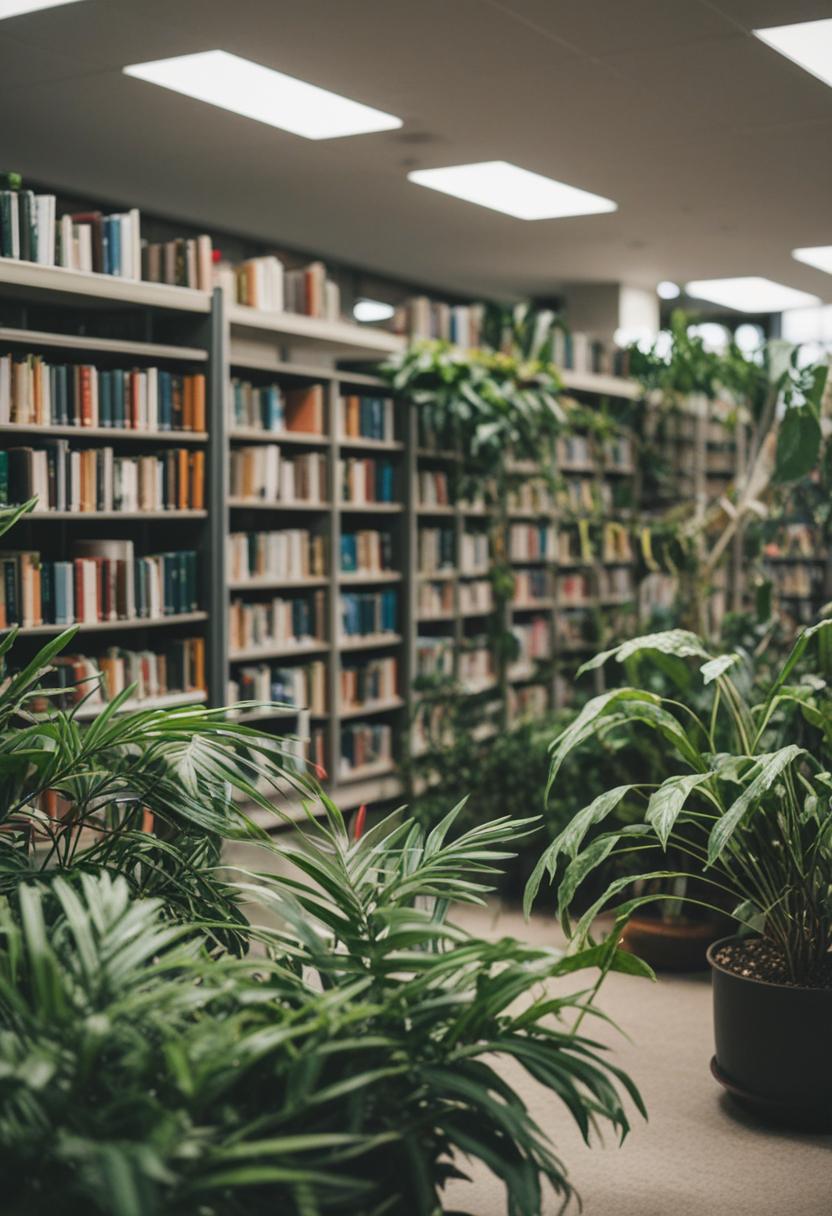 Cozy library with plants, books, and study vibes.