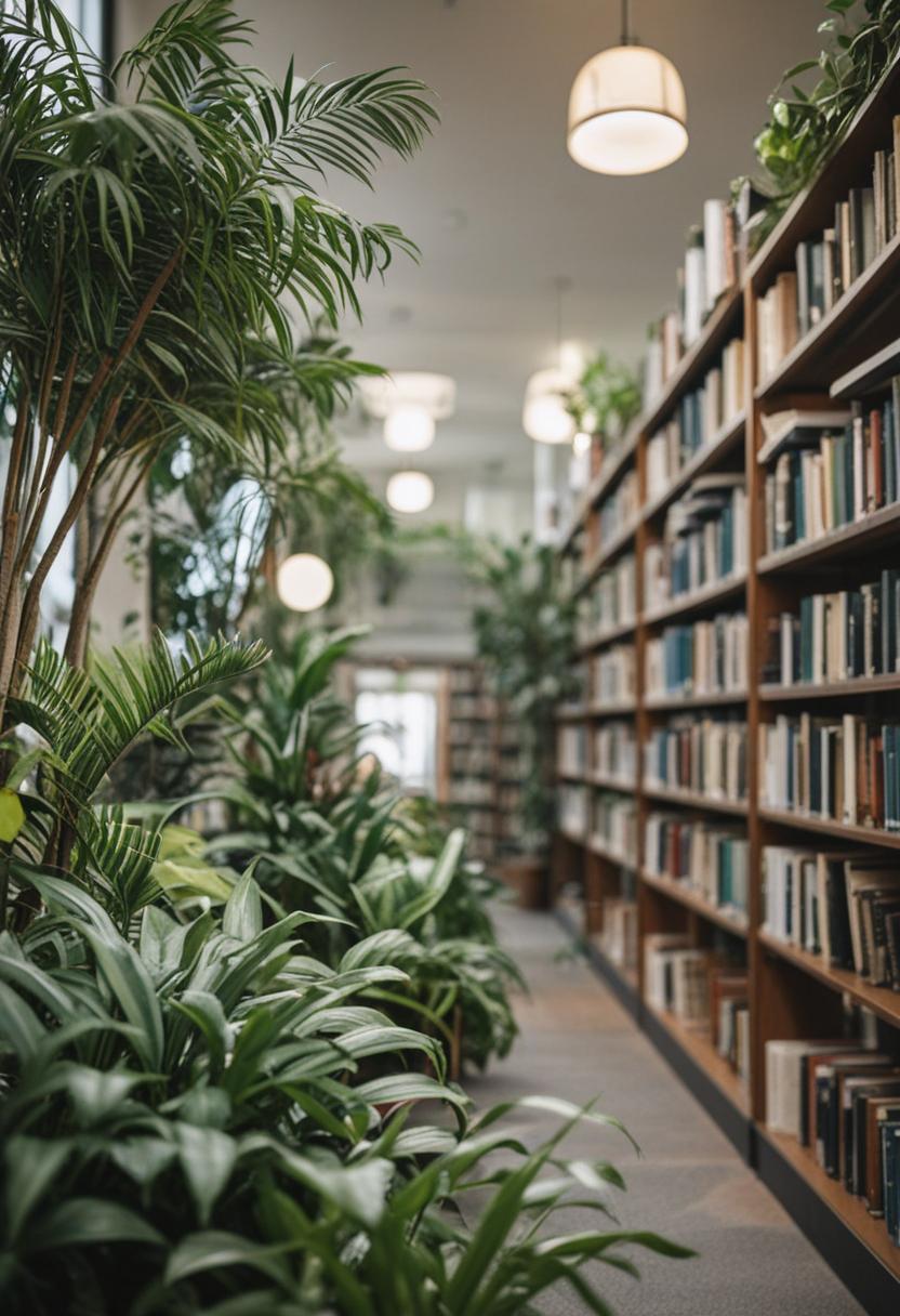 Green plants and books in a cozy library setting.