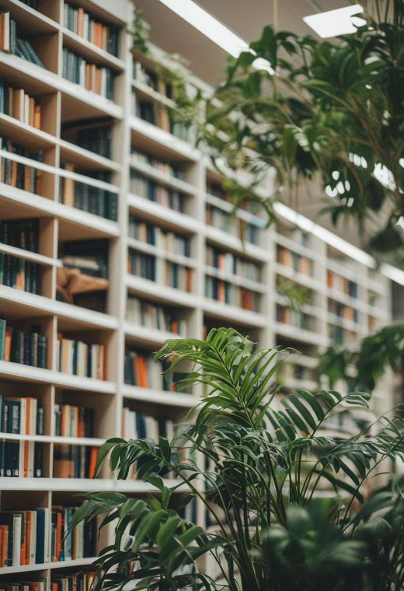 Cozy library with plants, books, and greenery.