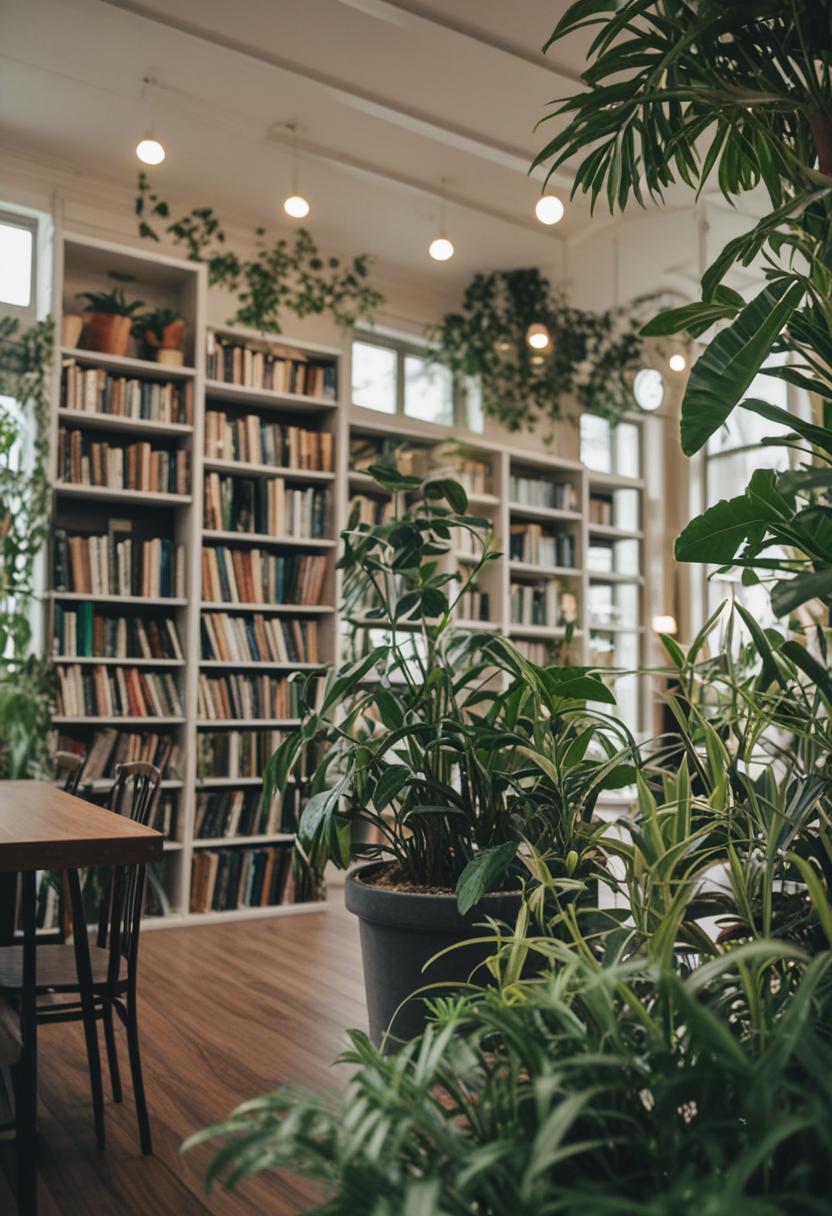 Elegant library plants in a cozy, book-filled setting.