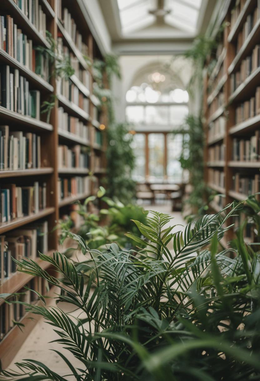 Green plants and books in a cozy library setting.