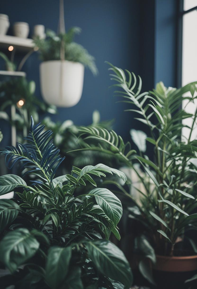 Navy blue plants in a minimalist, serene aesthetic.